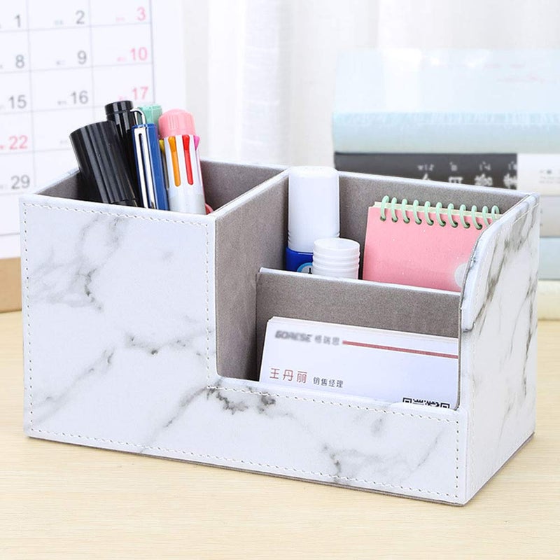 KINGFOM Desk Organizer Office Supplies Caddy Pu Leather Multi-function Storage Box Pen/Pencil,Cell phone, Business Name Cards Remote Control Holder Gray Marble - Image 4